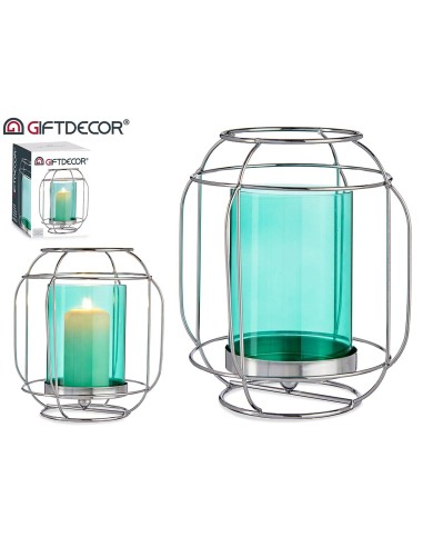 Porta Velas Metal Plata-Turquesa