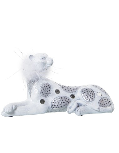 Figura Resina Leopardo Blanco/plata C/pluma Artificial 23x9x12cm
