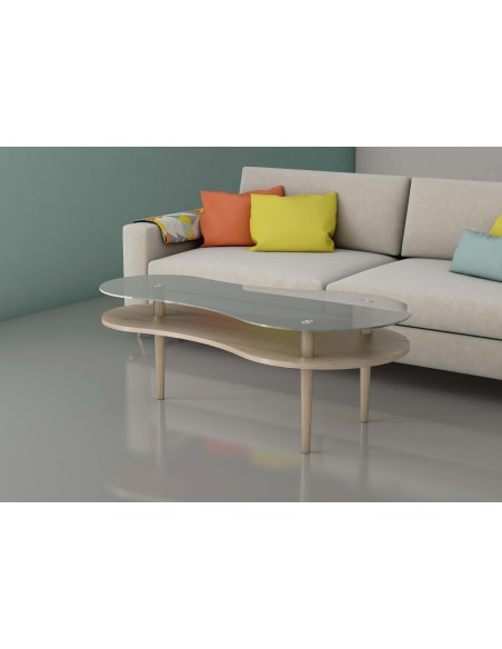 Mesa de centro en madera y cristal 2 alturas
