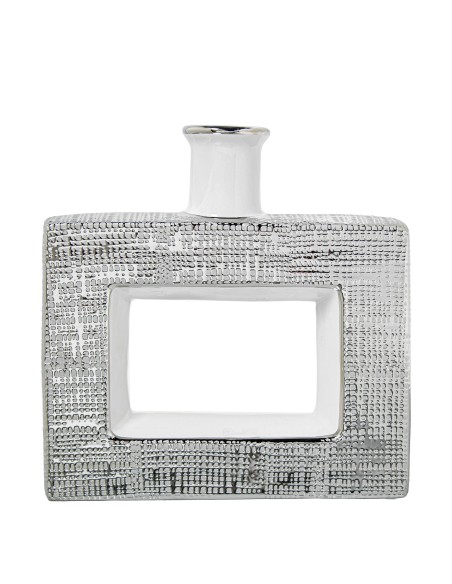 Jarrón cerámica blanco y plata