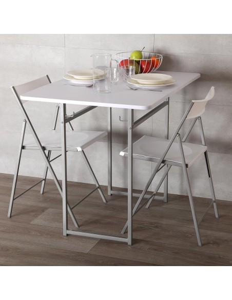 Mesa blanca plegable con 2 sillas