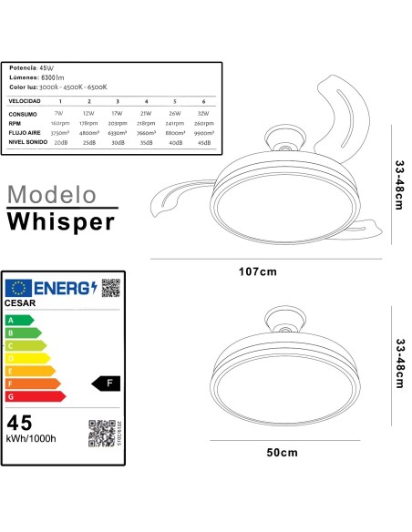 Ventilador de techo Whisper blanco aspas retráctiles