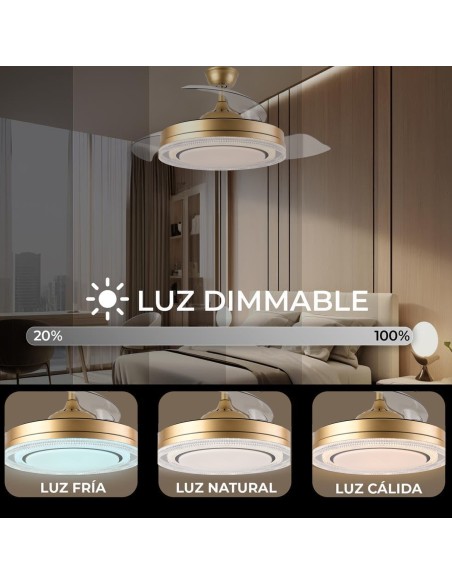 Ventilador de techo Whisper dorado aspas retráctiles