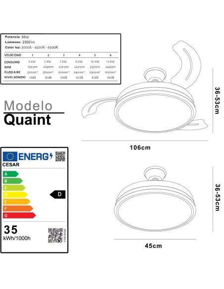 Ventilador de techo Quaint blanco aspas retráctiles