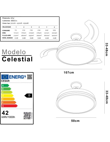 Ventilador de techo Celestial blanco aspas retráctiles