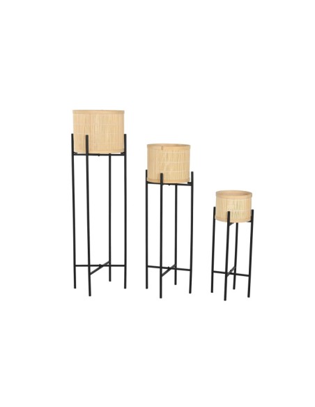 Macetero Set 3 bambú y metal negro