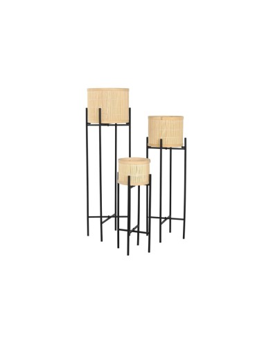 Macetero Set 3 bambú y metal negro