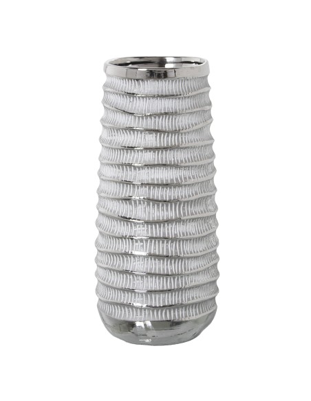 Jarrón cerámica plata con adornos blancos