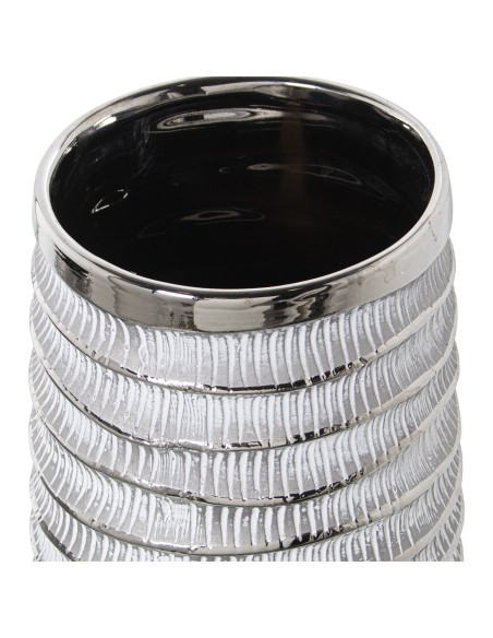 Jarrón cerámica plata con adornos blancos