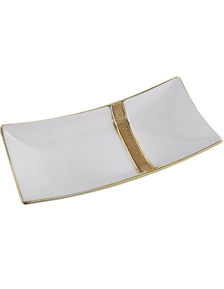 Bandeja cerámica blanca con adornos brillo dorados