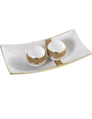 Bandeja cerámica blanca con adornos brillo dorados