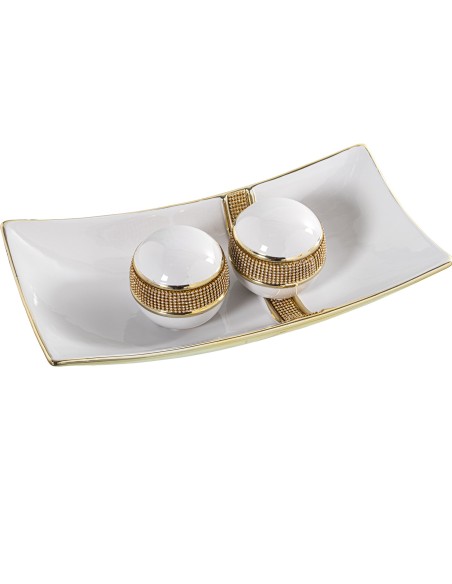 Bandeja cerámica blanca con adornos brillo dorados
