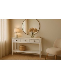 Mueble recibidor blanco con 3 cajones y estante inferior 2