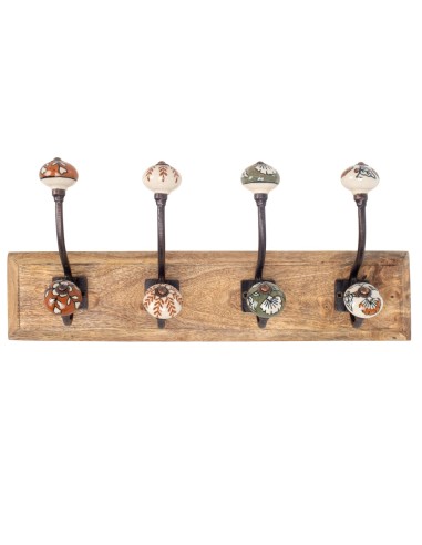 Perchero 4 ganchos madera y cerámica