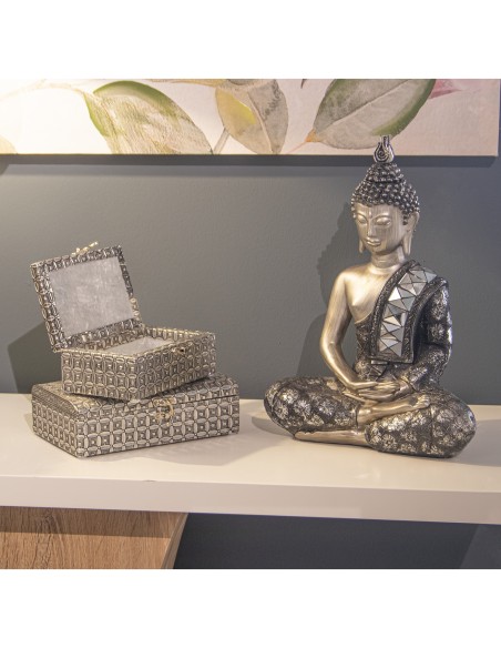 Figura buda resina en plata y negro