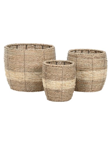 Juego de 3 maceteros de metal y fibra natural