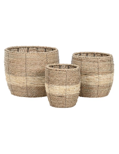 Juego de 3 maceteros de metal y fibra natural