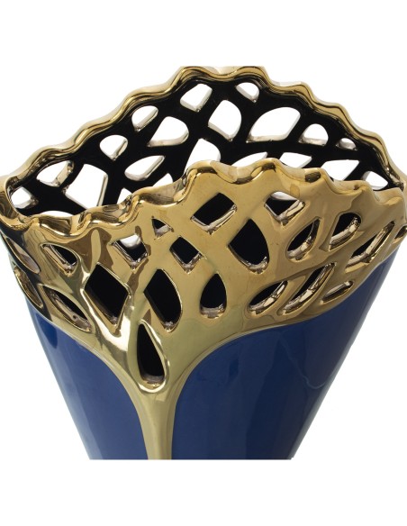 Jarrón de cerámica azul y dorado