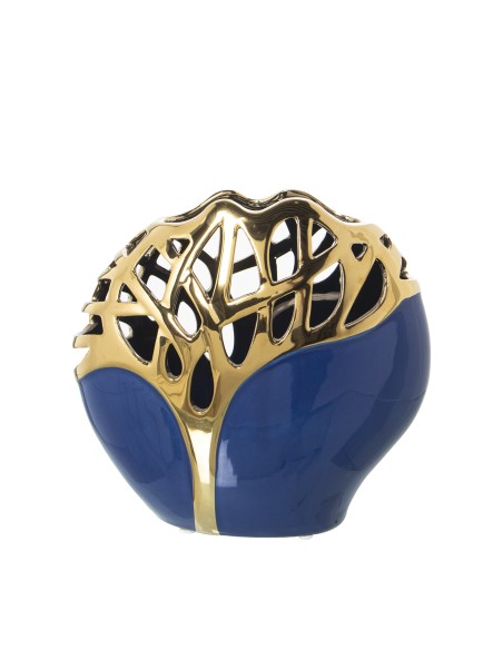 Jarrón de cerámica azul dorado bajo