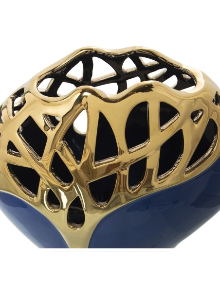 Jarrón de cerámica azul dorado bajo