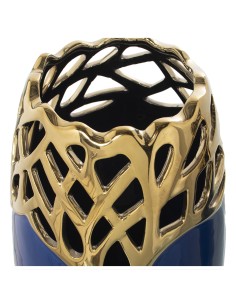 Jarrón de cerámica calado azul y dorado alto. 2