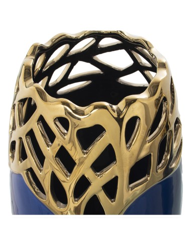 Jarrón de cerámica calado azul y dorado alto.