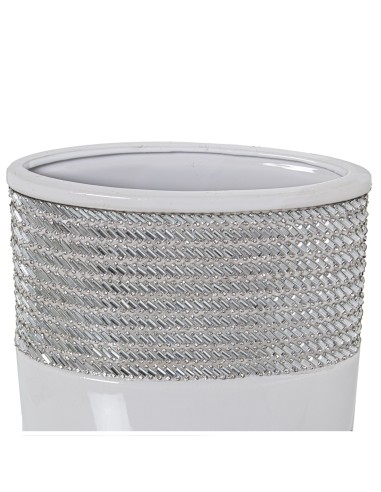 Jarrón ovalado de cerámica blanco y plata