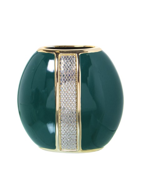 Jarrón ovalado cerámica verde y dorado pequeño