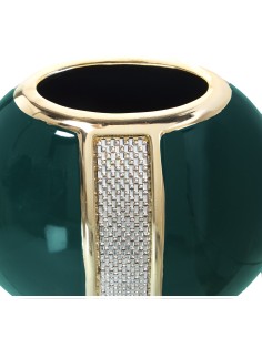 Jarrón ovalado cerámica verde y dorado pequeño 2