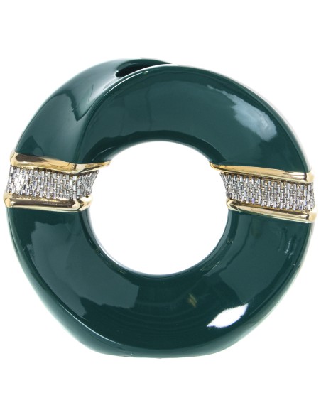 Jarrón de aro de cerámica en verde y dorado.