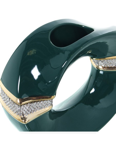 Jarrón de aro de cerámica en verde y dorado.