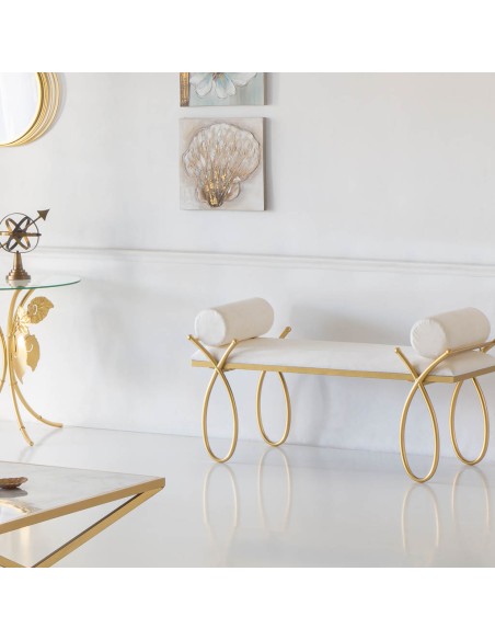 Banqueta descalzadora en blanca con base dorada