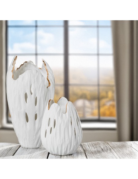 Jarrón Calado Cerámica 39 cm Blanco Arena/dorado