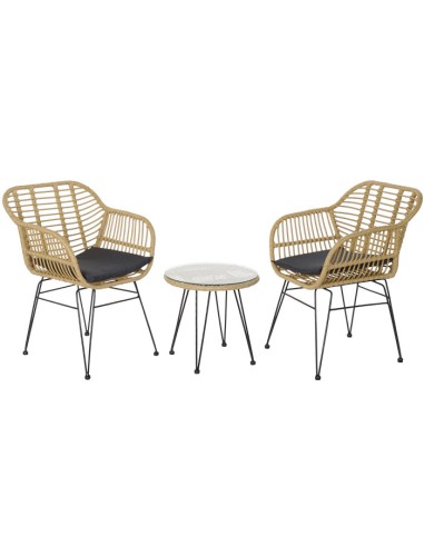 Mesa Set 3 Sillas de Ratán Sintético y Metal