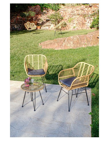 Mesa Set 3 Sillas de Ratán Sintético y Metal