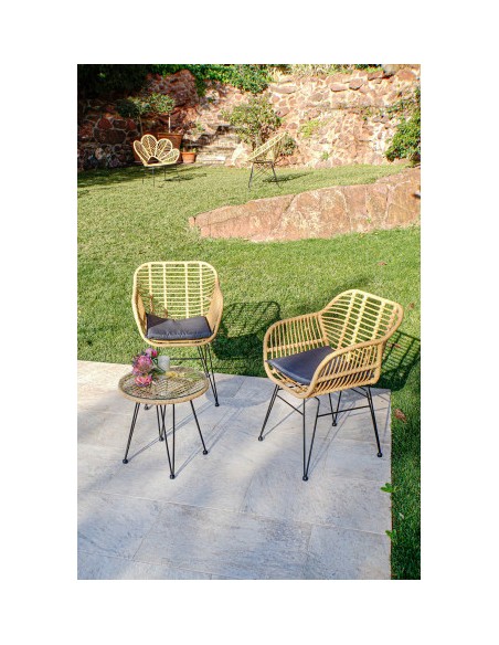 Mesa Set 3 Sillas de Ratán Sintético y Metal