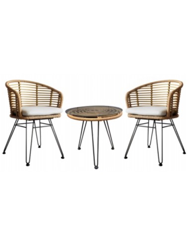Mesa Set 3 Sillas de Ratán Sintético con Cojín