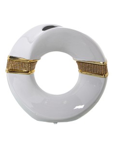 Jarrón Aro Cerámica Blanco y Dorado con Brillos