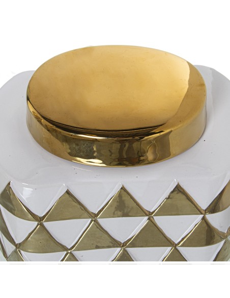 Tibor de Cerámica con Triángulos Blanco y Oro