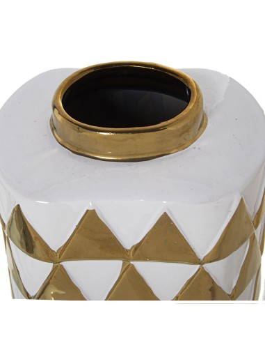 Tibor de Cerámica con Triángulos Blanco y Oro