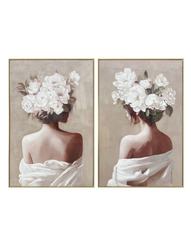 Cuadro mujer con flor con marco natural